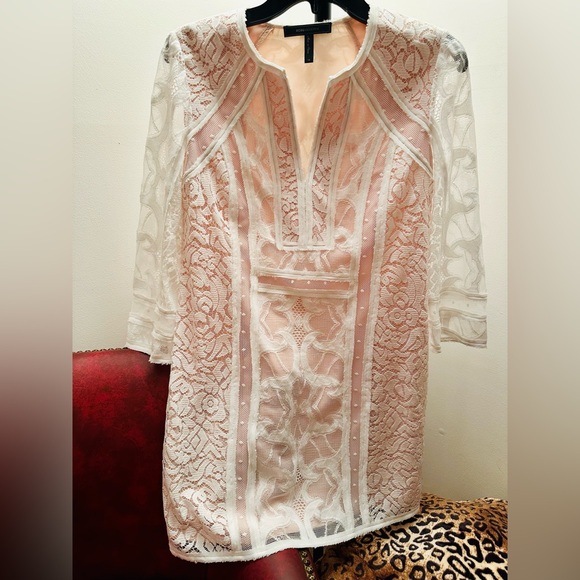 BCBGMAXAZRIA White Lace 3/4 Sleeve Shift Mini Dress, XS - Picture 2 of 5